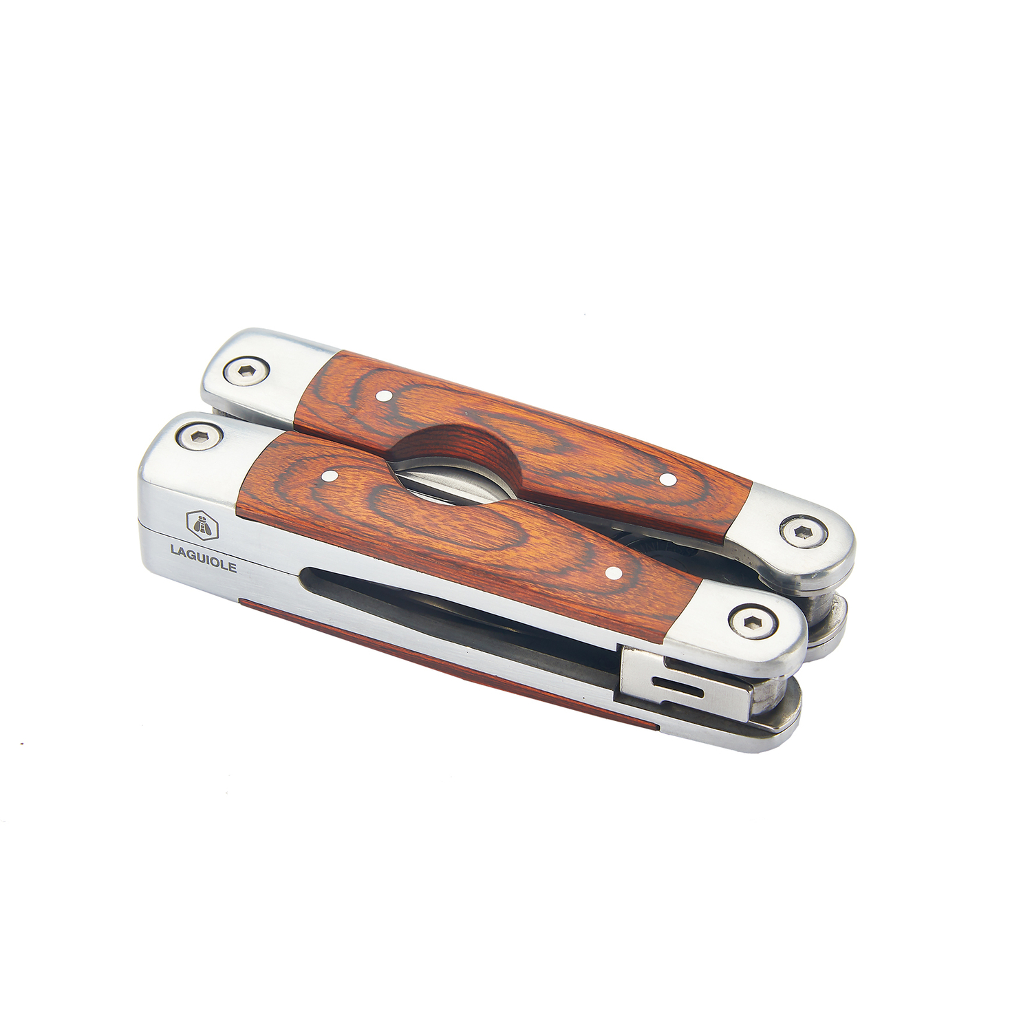 Laguiole Multi Værktøj i læder etui, Pakka træ