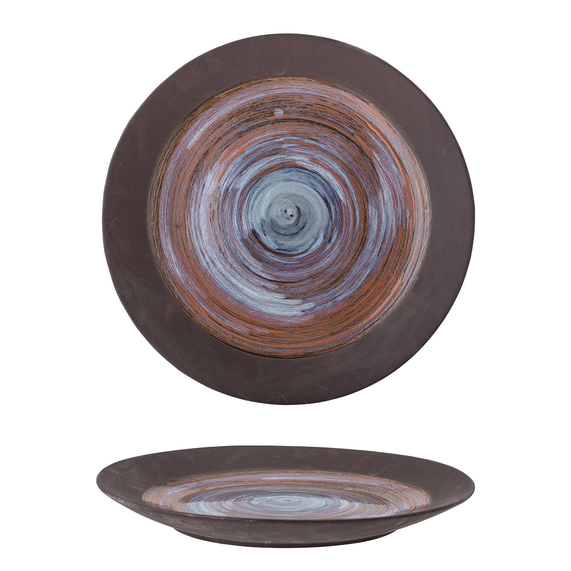 Dekorationsfad Creative Collection Maes blå stentøj Ø46xH6 cm håndlavet spiralmønster