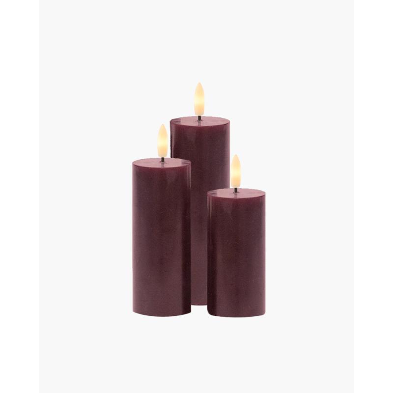 Sirius Sille Genopladelig Bloklys 3 stk sæt, Ø5xH10/12,5/15cm, Bordeaux