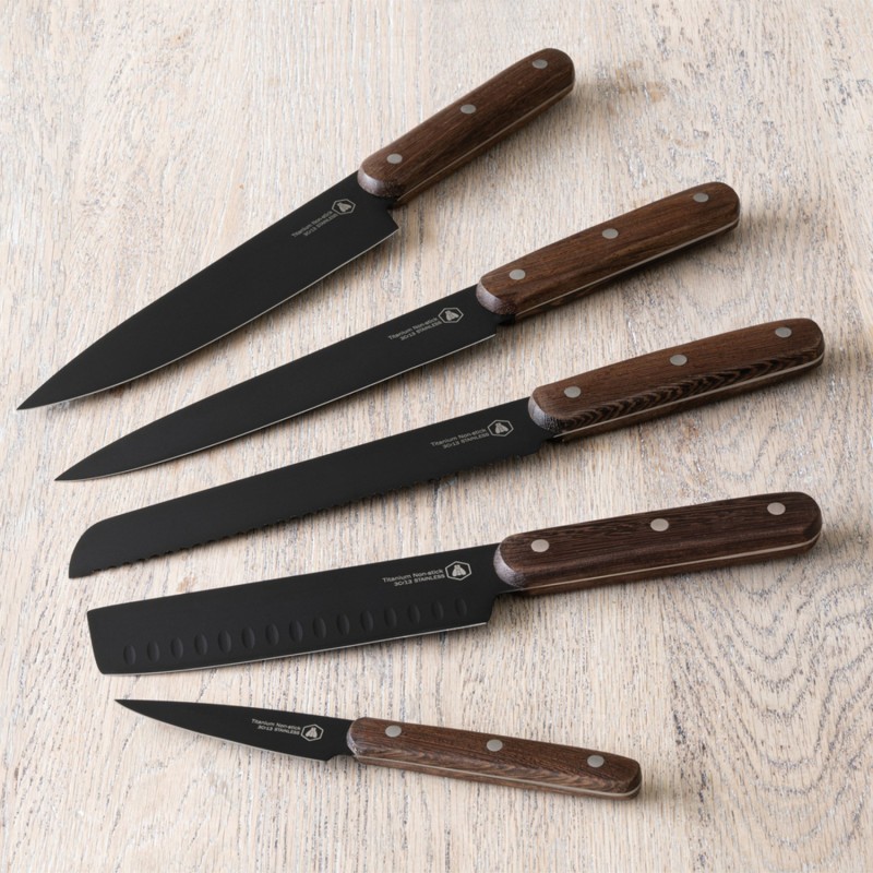 Laguiole Køkkenknive, sort/Wenge, 5 knive med magnetisk knivblok