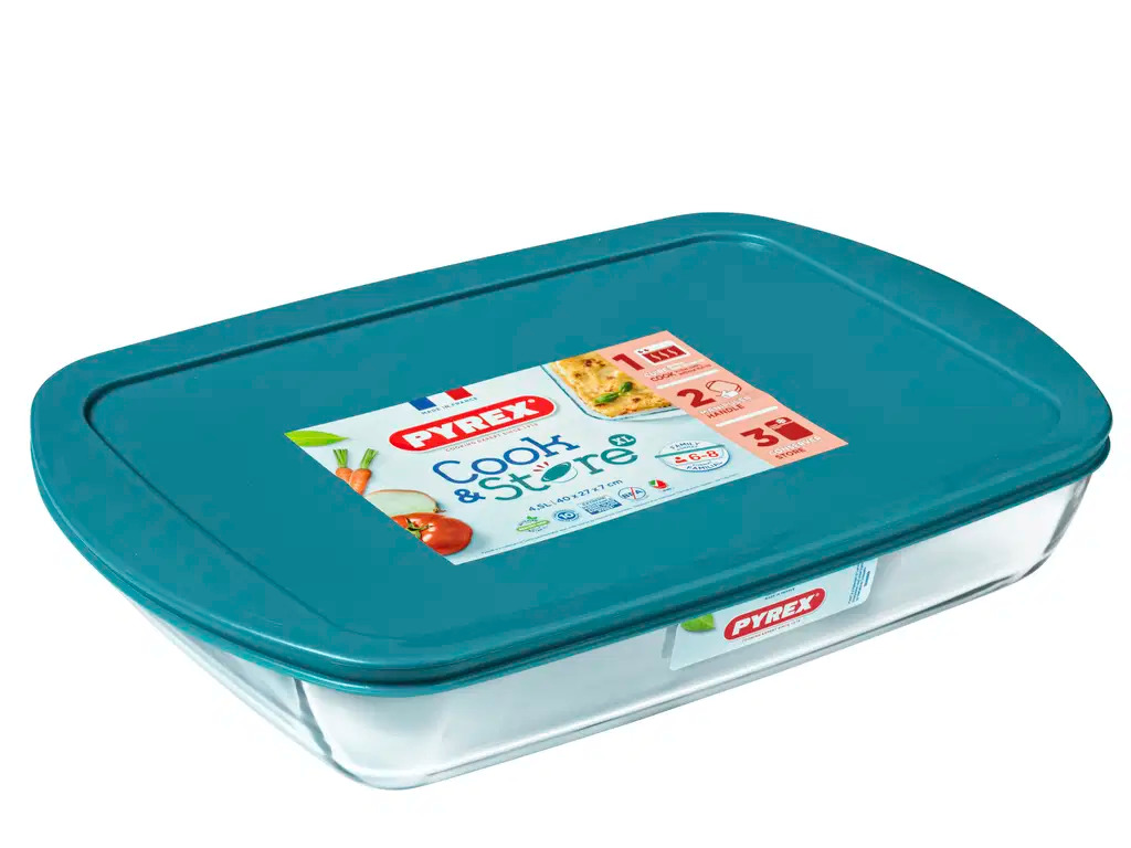 Pyrex Fad rektangulært med låg 40 x 27 x 7 cm Klar