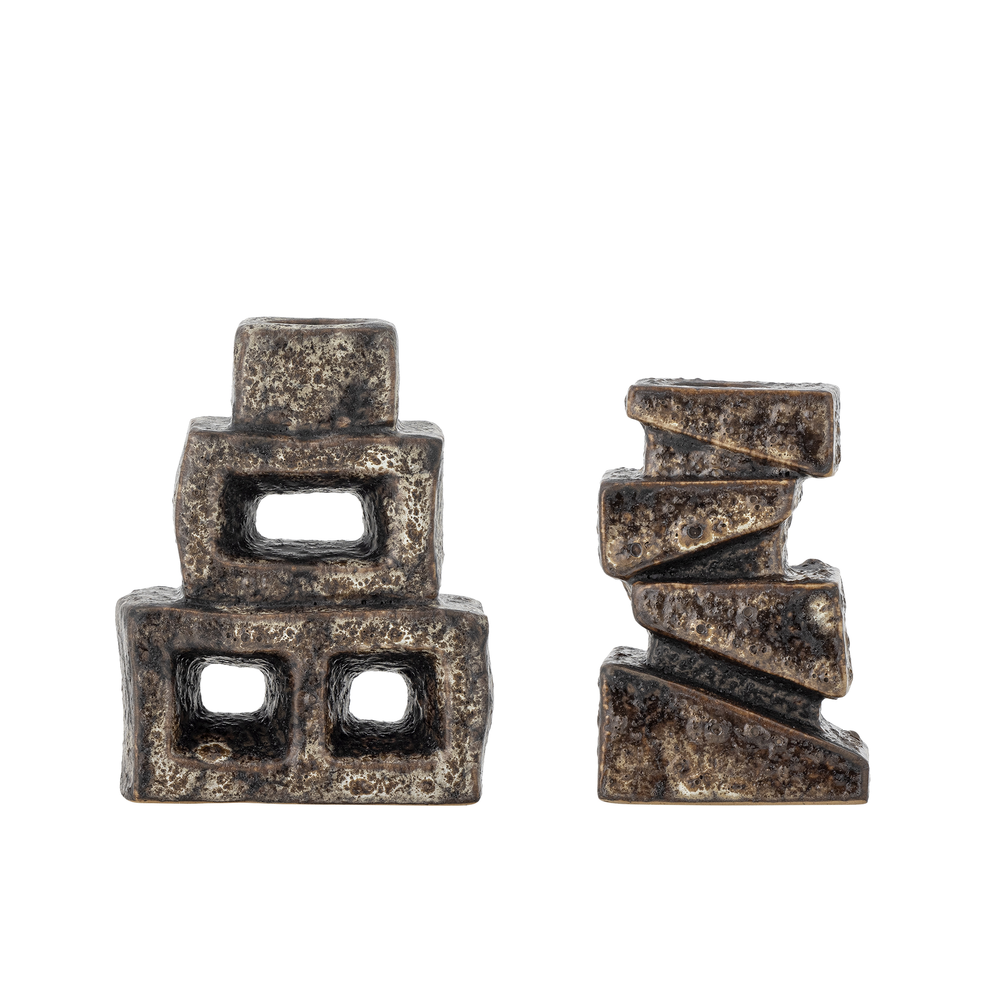 Bloomingville - Hale Lysestage, Brun, Stentøj, L6,5xH9,5xW5/L8,5xH11xW5 cm, Set of 2