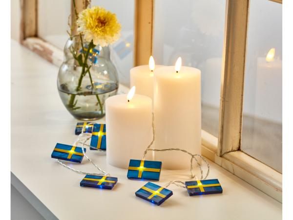 LED lyskæde m. 10 svenske flag x 50 cm Blå/Gul