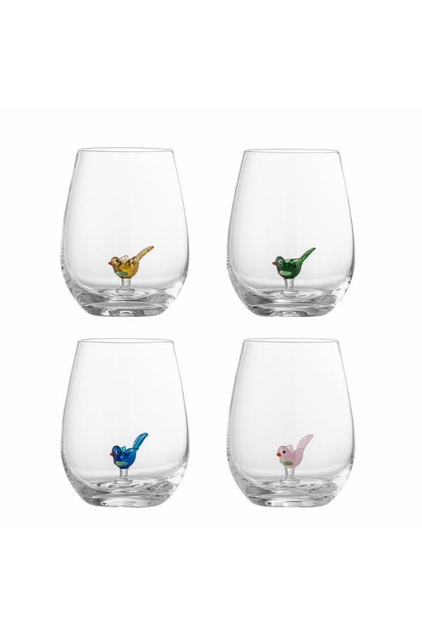 Bloomingville - Misa Drikkeglas med fugle, Multipak, Klar, Glas, D9xH12 cm, 4 stk billede