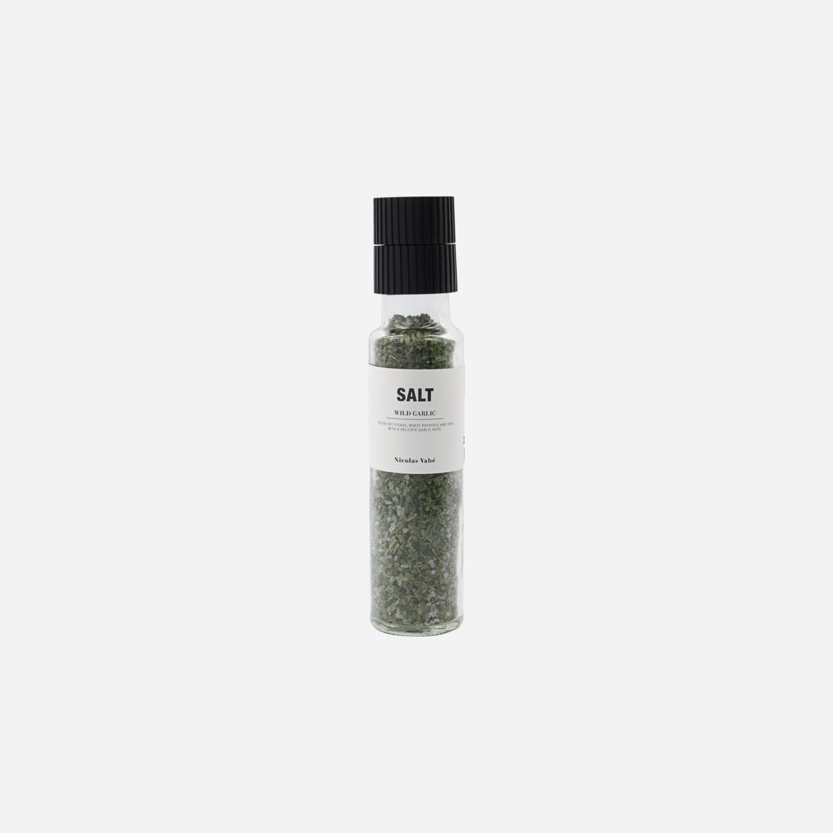 Saltblanding med keramisk kværn - Nicolas Vahé Salt Wild Garlic urtesalt i elegant glas