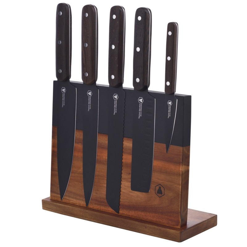 Laguiole - Køkkenknive, sort/Wenge, 5 knive med magnetisk knivblok