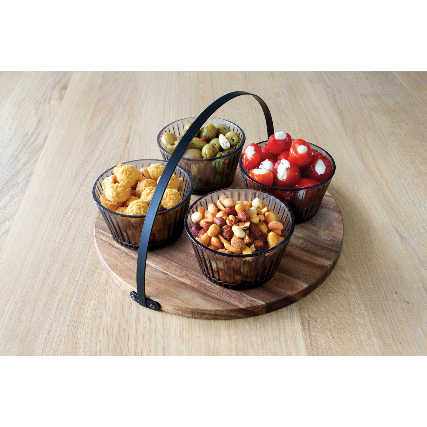 Laguiole -  Snacksæt 4 glasskåle på akaciefad