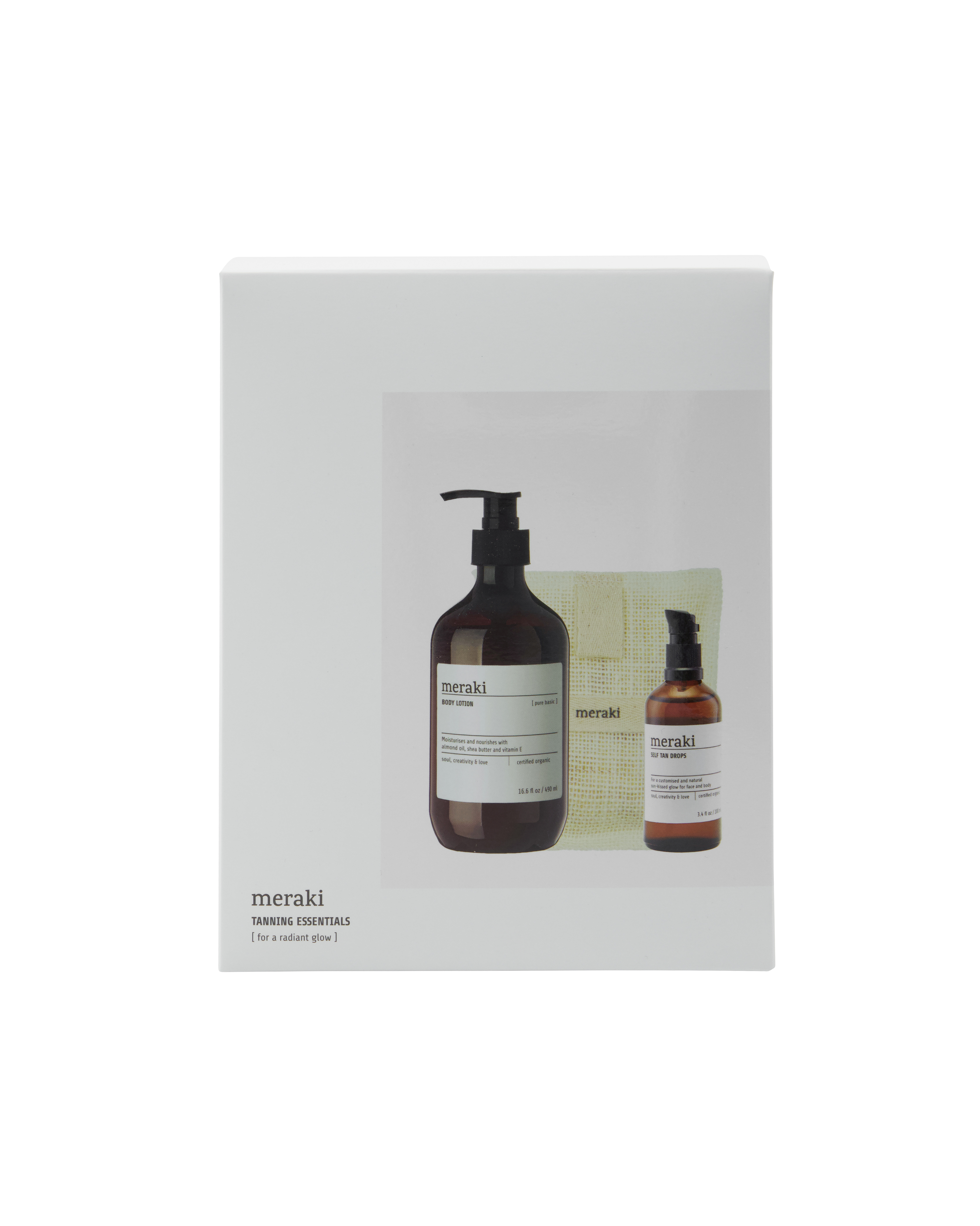Meraki - Gift box, self tan drops, bath mitt, body lotion, 140|100|490 g|ml|ml