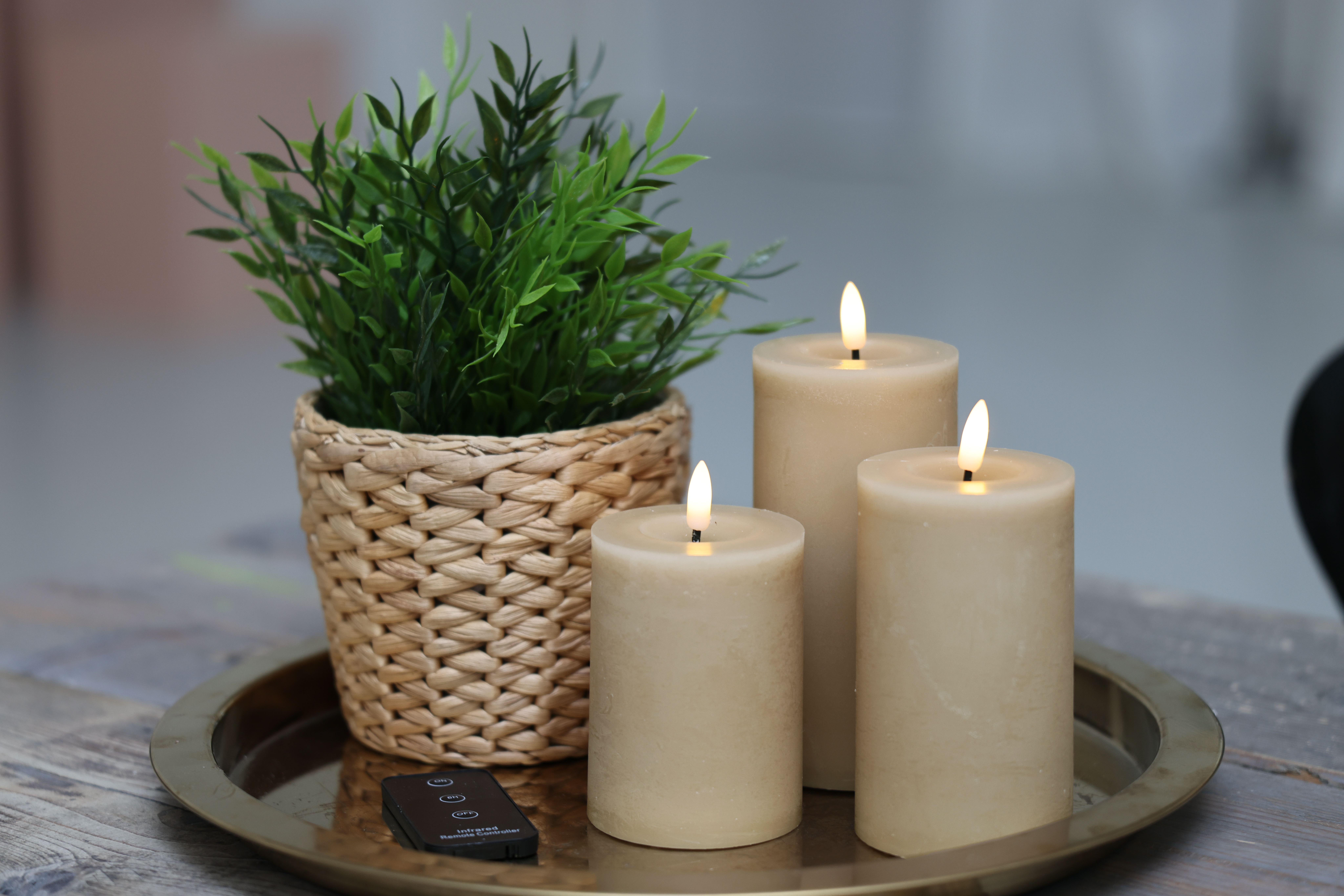 Skandi - LED Bloklys Sæt - 3 Dele - Sand, med fjernbetjening