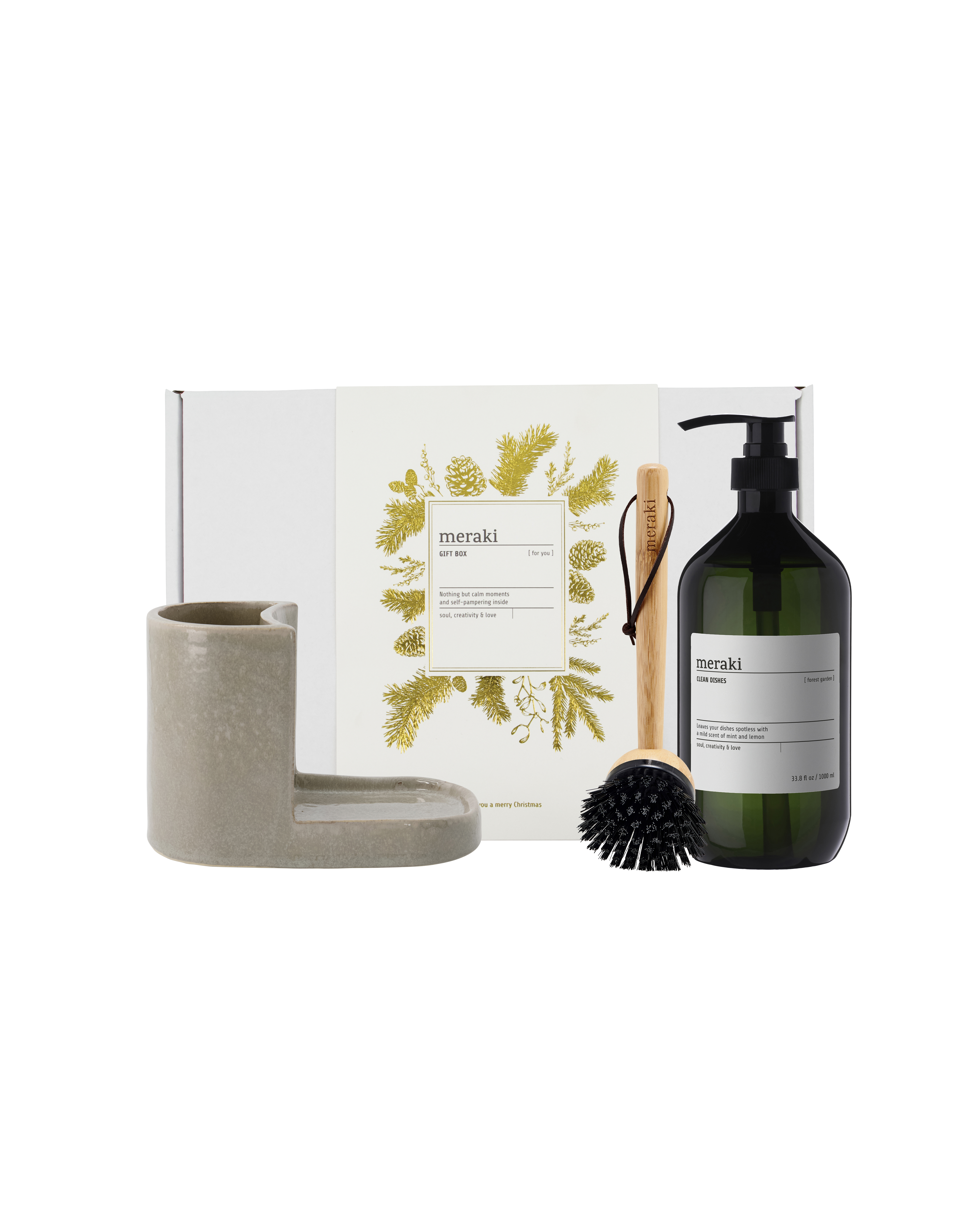Meraki - Gift boxCH, grey holder + nature brush + forest garden dish wash, 1000 ml