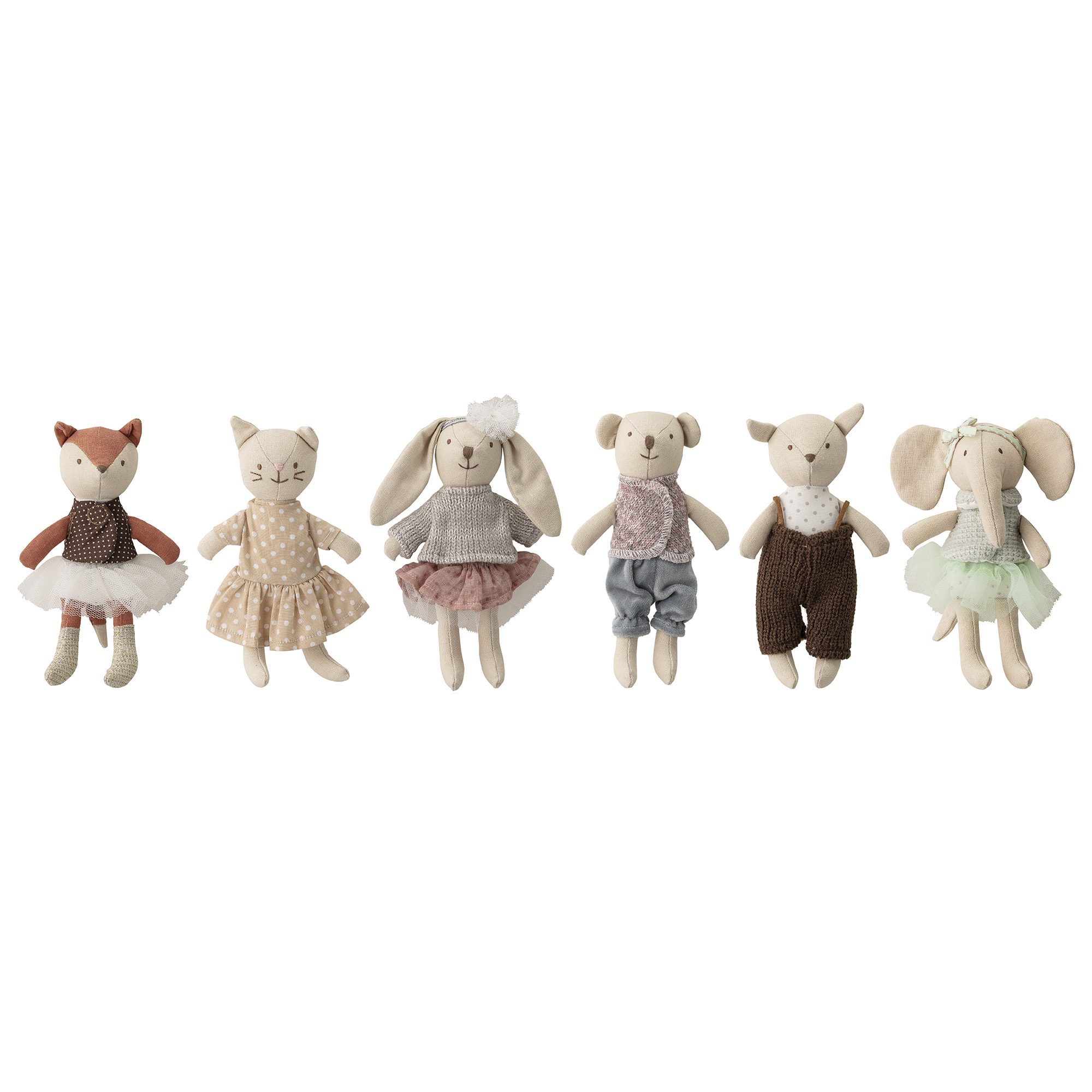 Bloomingville - Animal friends Dukke, Multifarvet, Bomuld, L10xH16xW4,5 cm, Set of 6