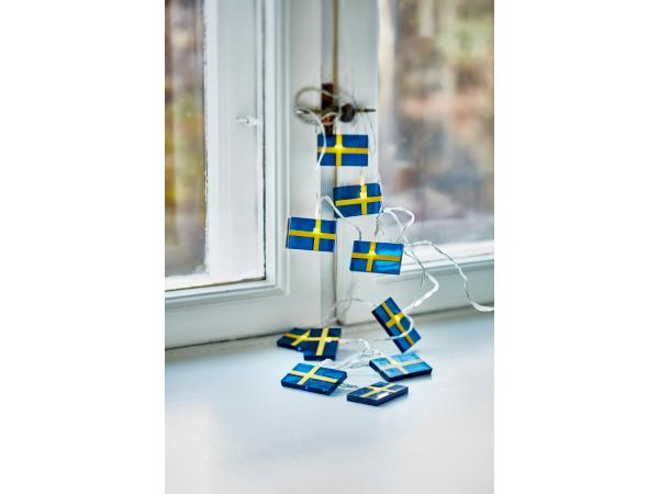 LED lyskæde m. 10 svenske flag x 50 cm Blå/Gul