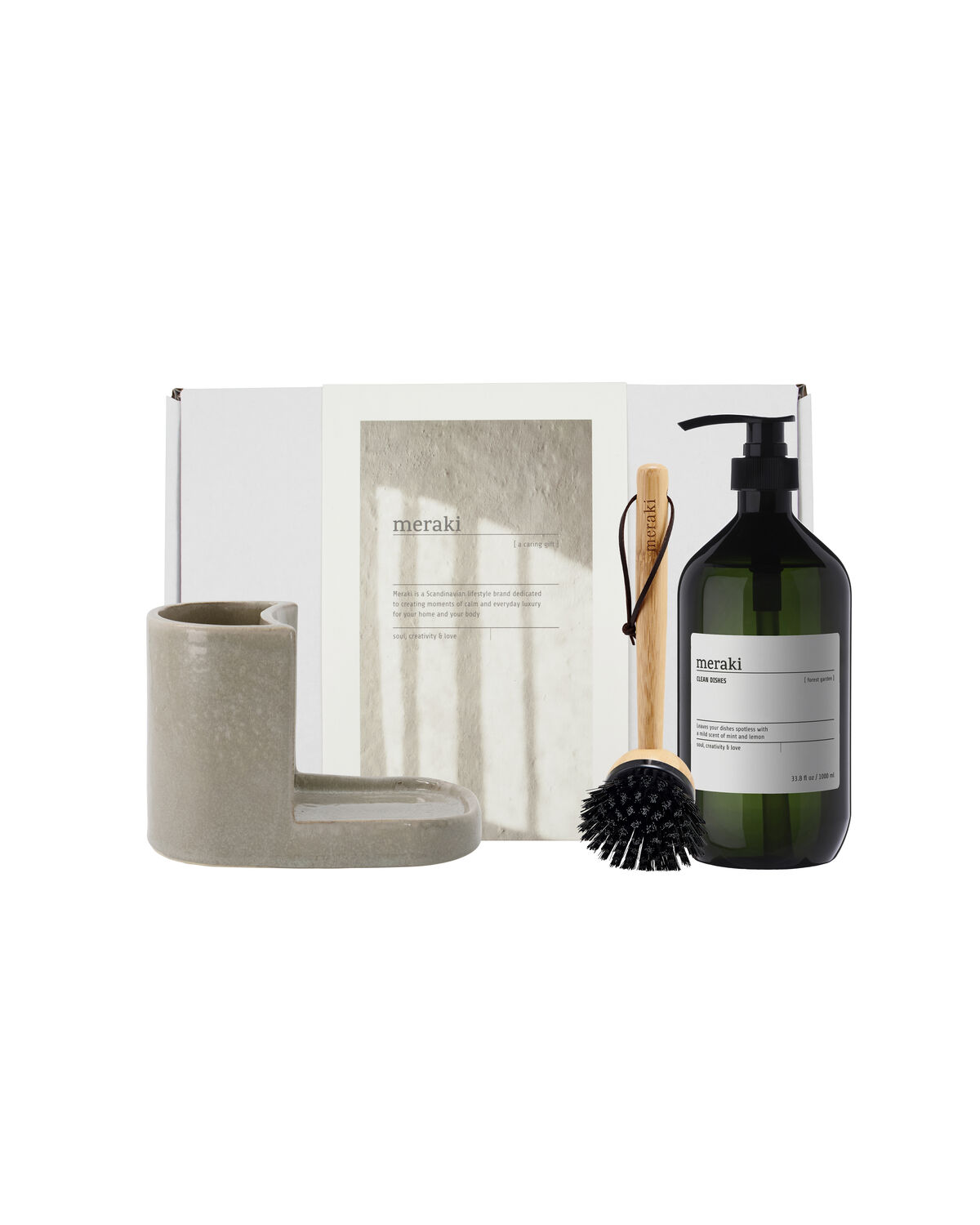 Meraki - Gift box, Grey Holder + Nature Brush + Forest Garden Dish Wash, 1000 ml billede