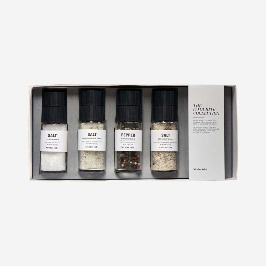 Gaveæske krydderisæt Nicolas Vahé Gift Sets Favourite Collection Box - 4 salt- og peberblandinger med keramisk kværn, glas sort/grå