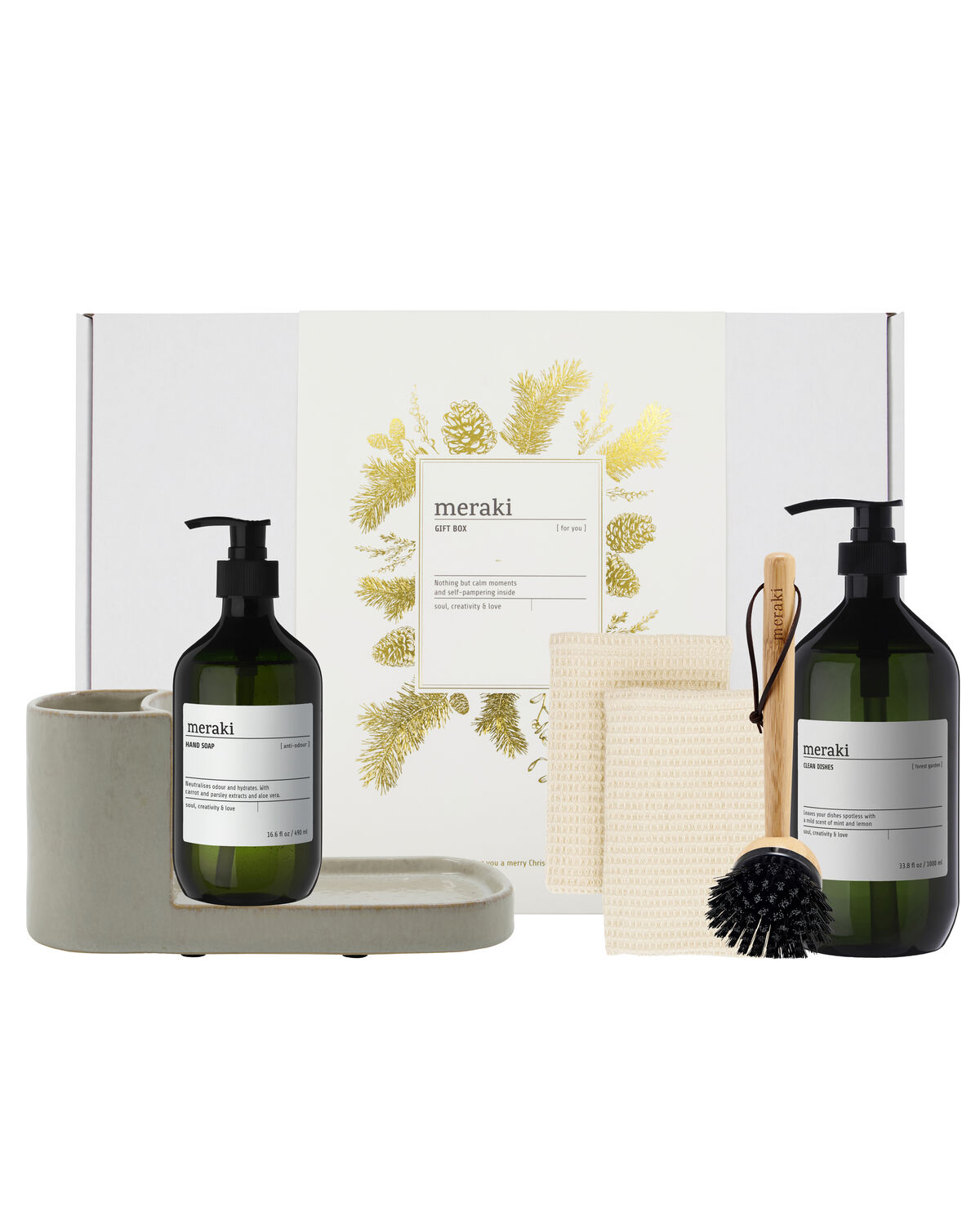 Meraki - Gift boxCH, Grey Holder + Nature Brush + Anti-Odour Hand Soap, Forest Garden Dish Wash, 1000|490 ml|ml