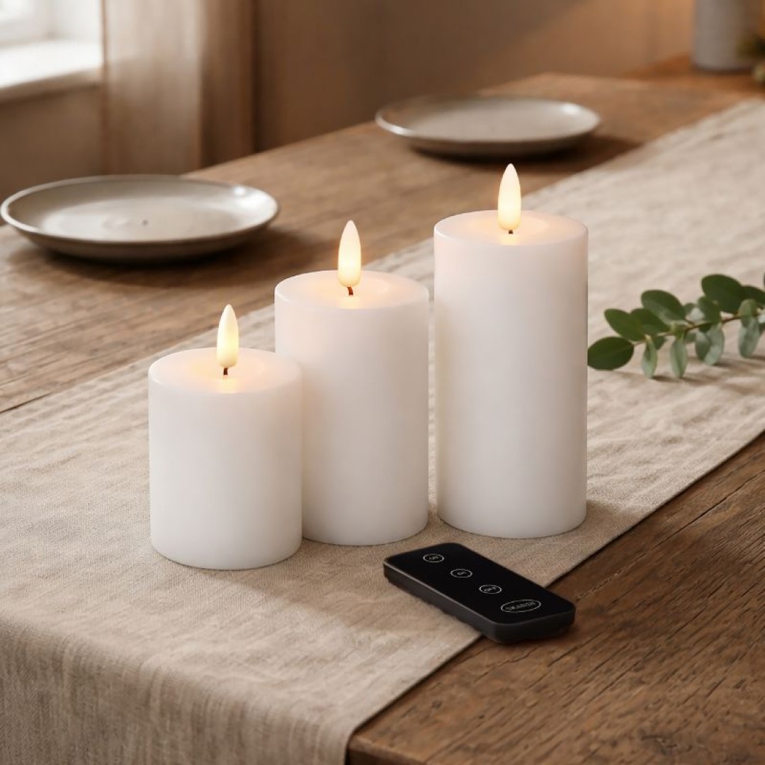 Skandi - 3 Pak LED Bloklys Ø5x10/12/15cm, Hvid