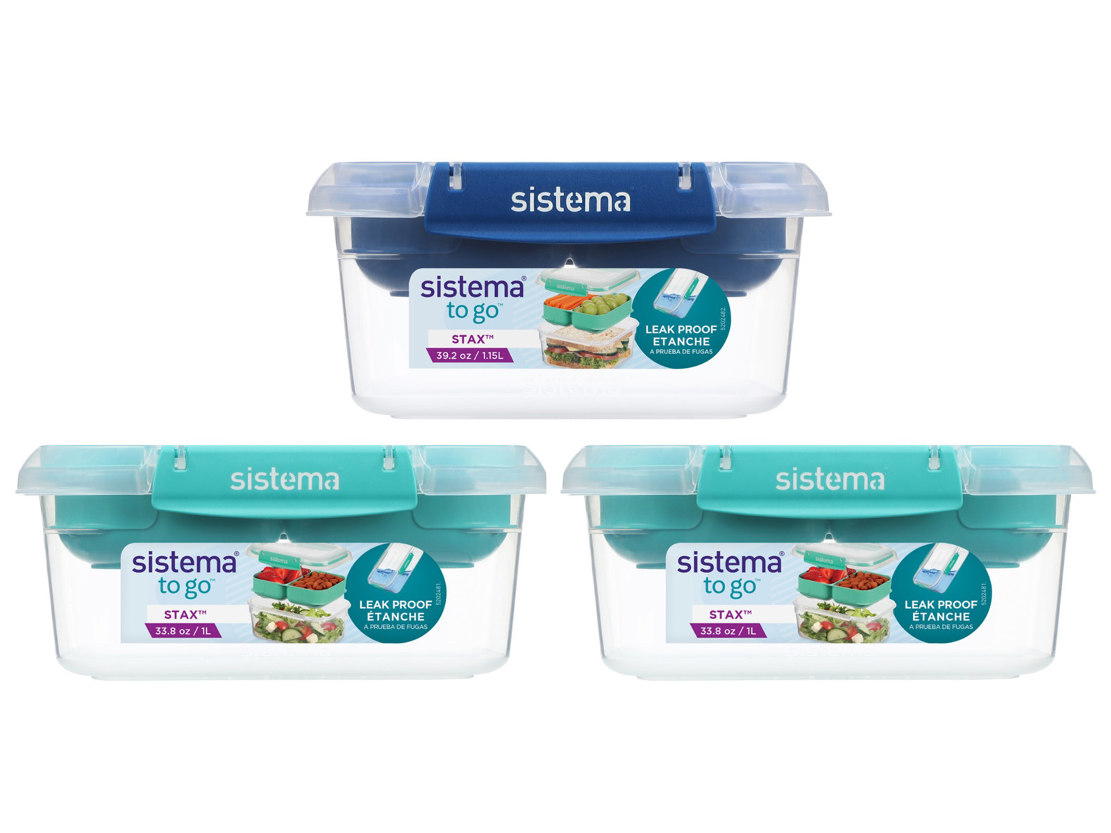 Sistema Madkasser - 3-pak - 1L Rectangle Stax - Blå/Turkis