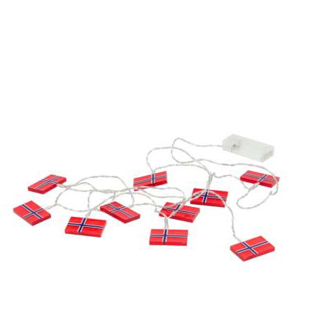 LED lyskæde m. 10 norske flag 50 cm Rød/Blå LED lyskæde m. 10 norske flag 50 cm Rød/Blå