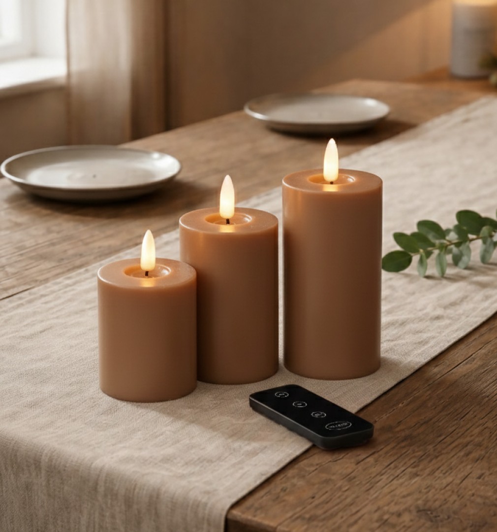 Skandi - 3 Pak LED Bloklys Ø5x10/12/15cm, Mocca