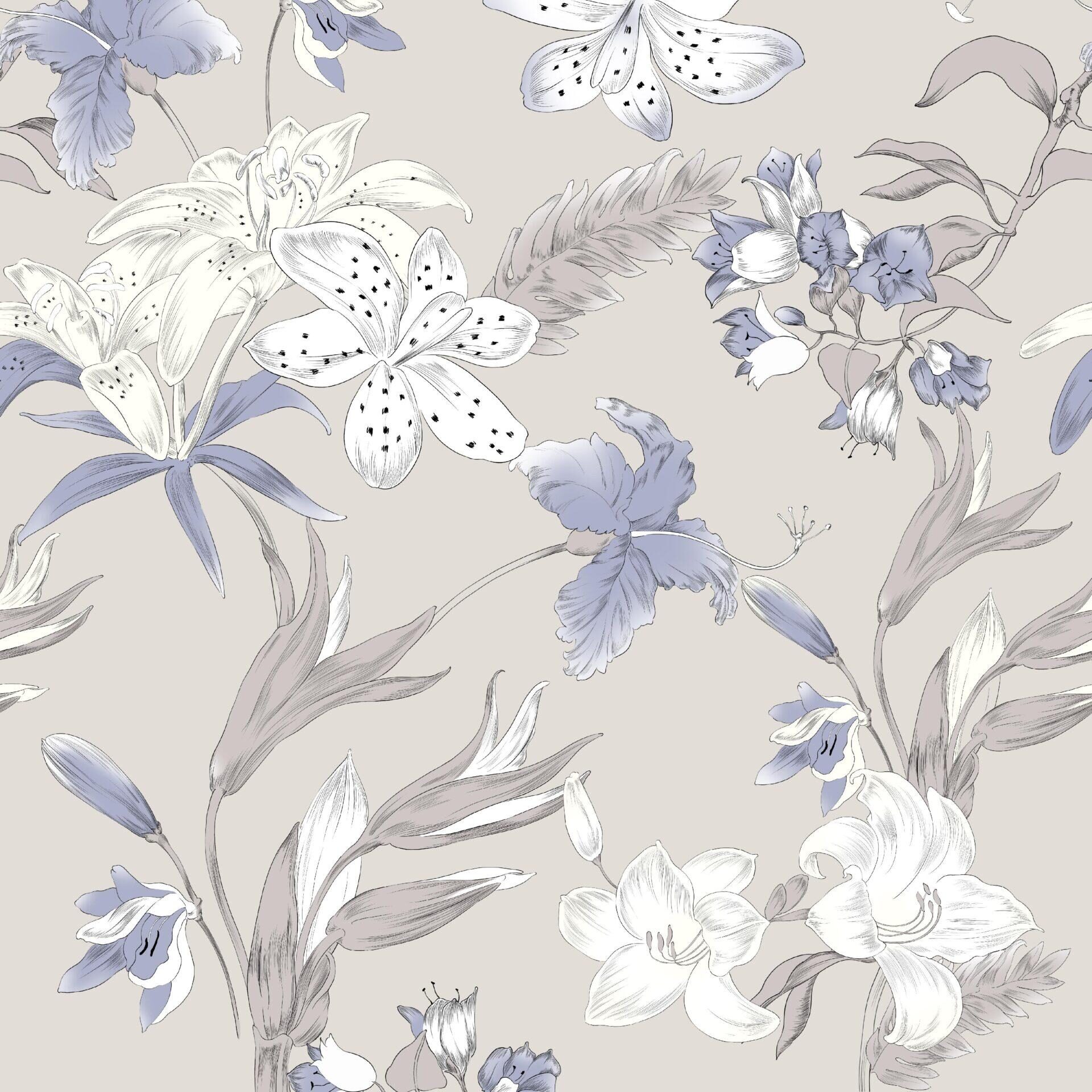 Engholm Textiles - Akryldug med antislip - Blå blomster - i metermål