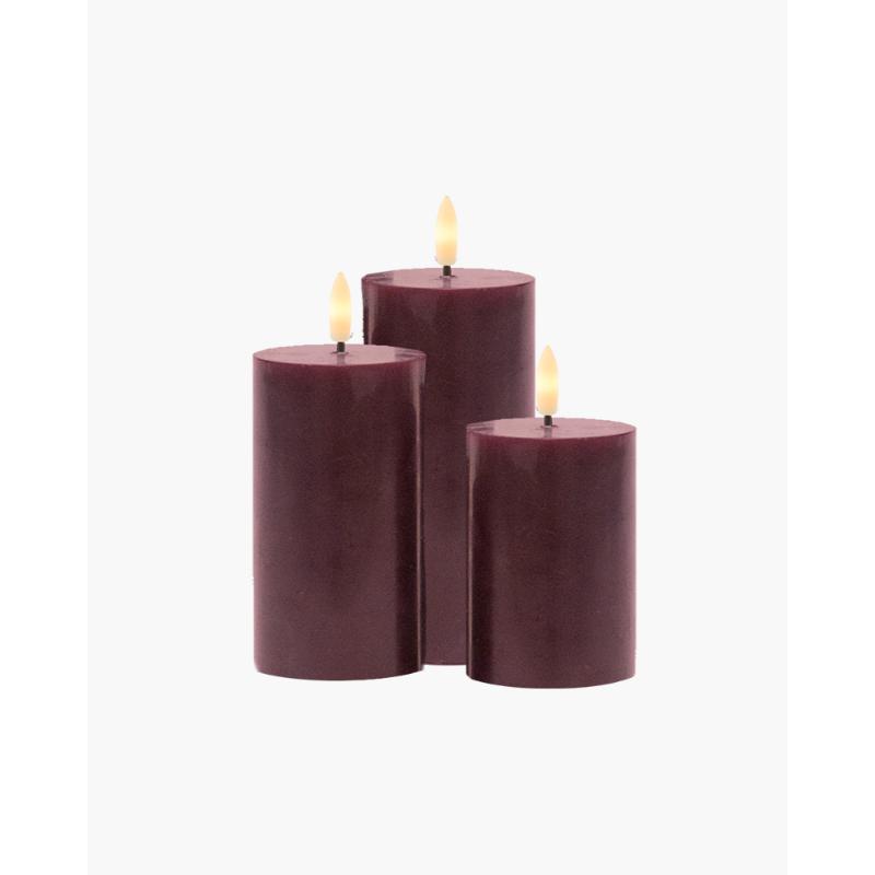 Sirius - Sille Genopladelig Bloklys 3 stk sæt, Ø7,5xH10/12,5/15 cm, Bordeaux