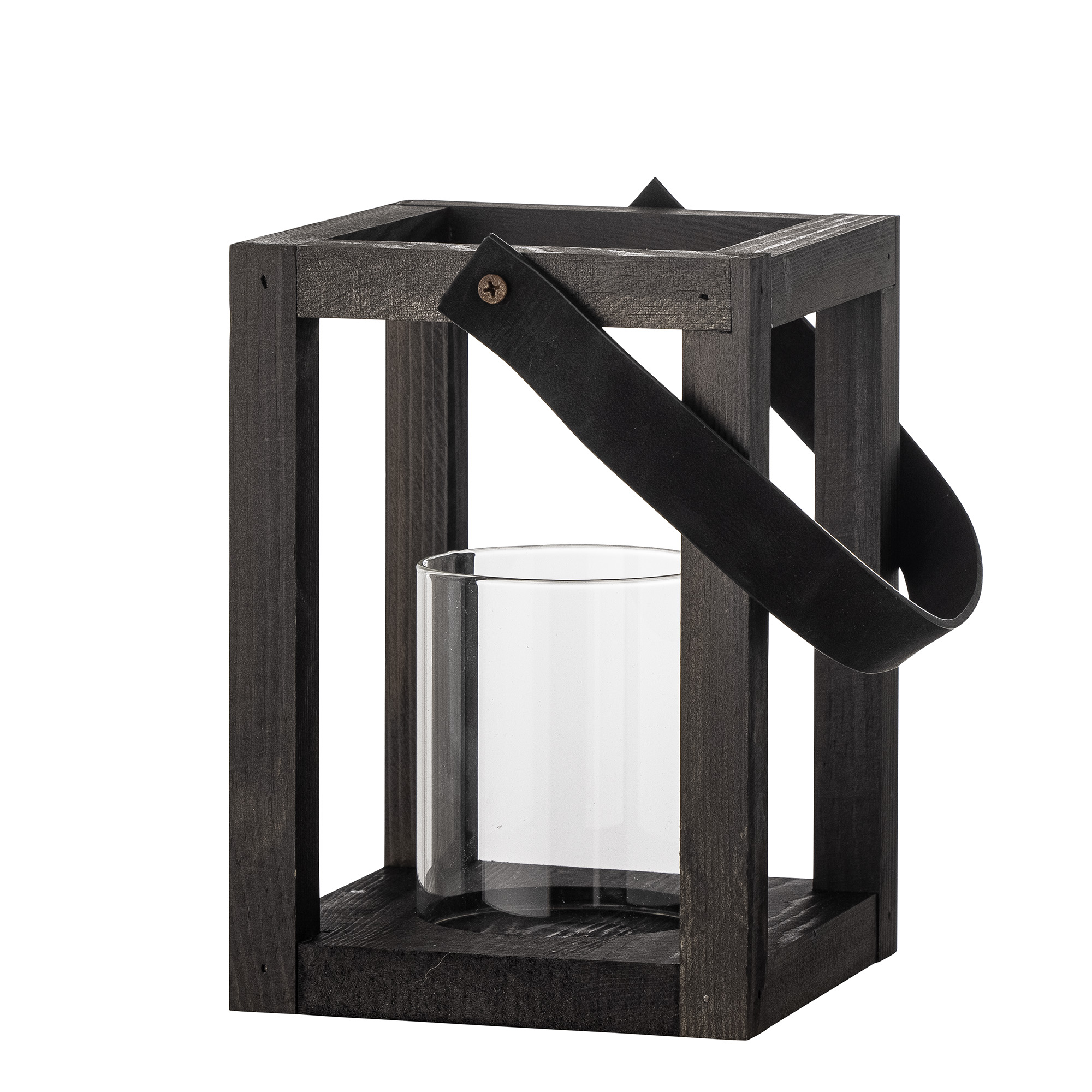 Lanterne Bloomingville Lyra sort fyrretræ med glas og læderrem 20 cm