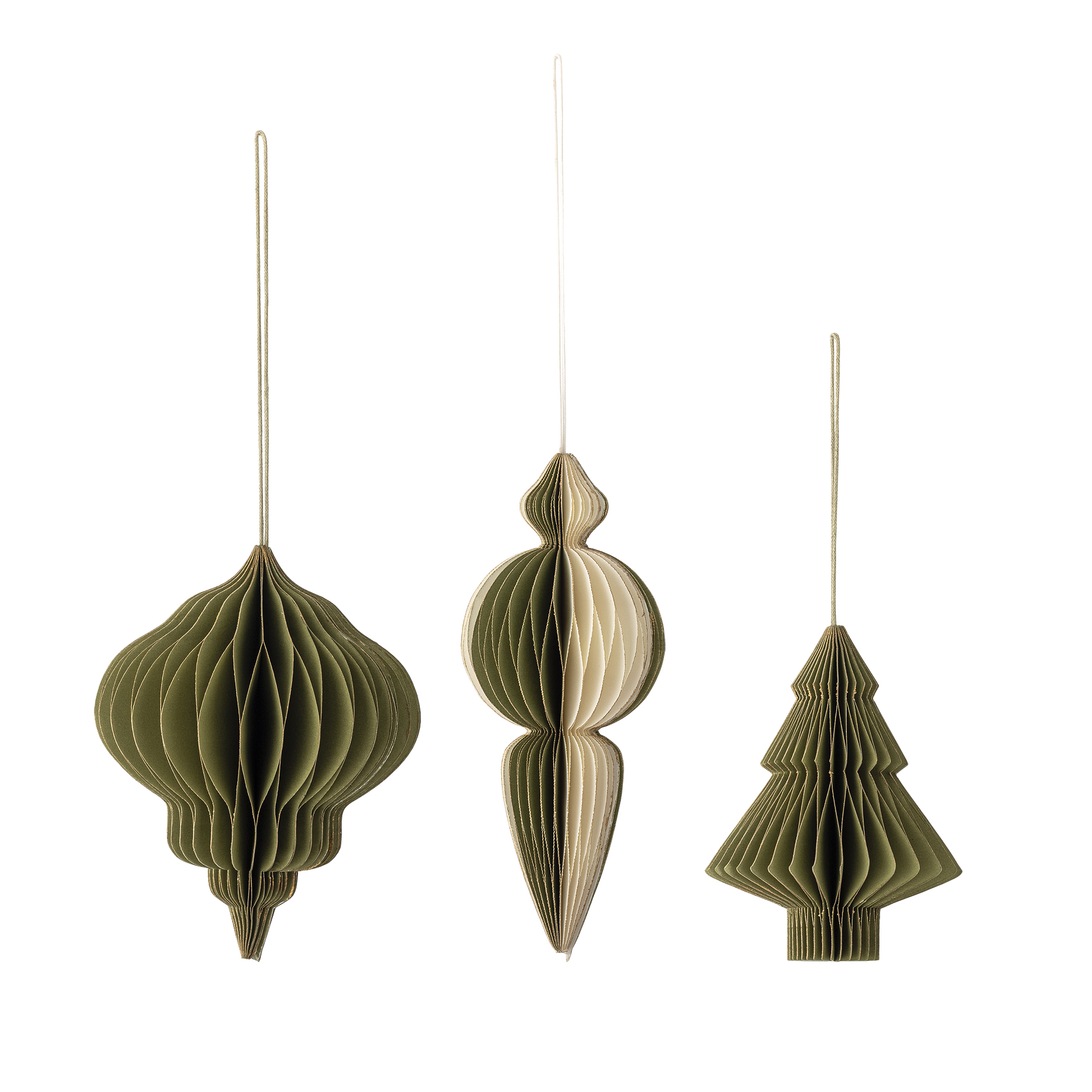 Bloomingville - Tinkle Ornament, Grøn, FSC®Mix, Paper, D7,5xH10/D10xH12,5/D5,5x15 cm, Set of 3