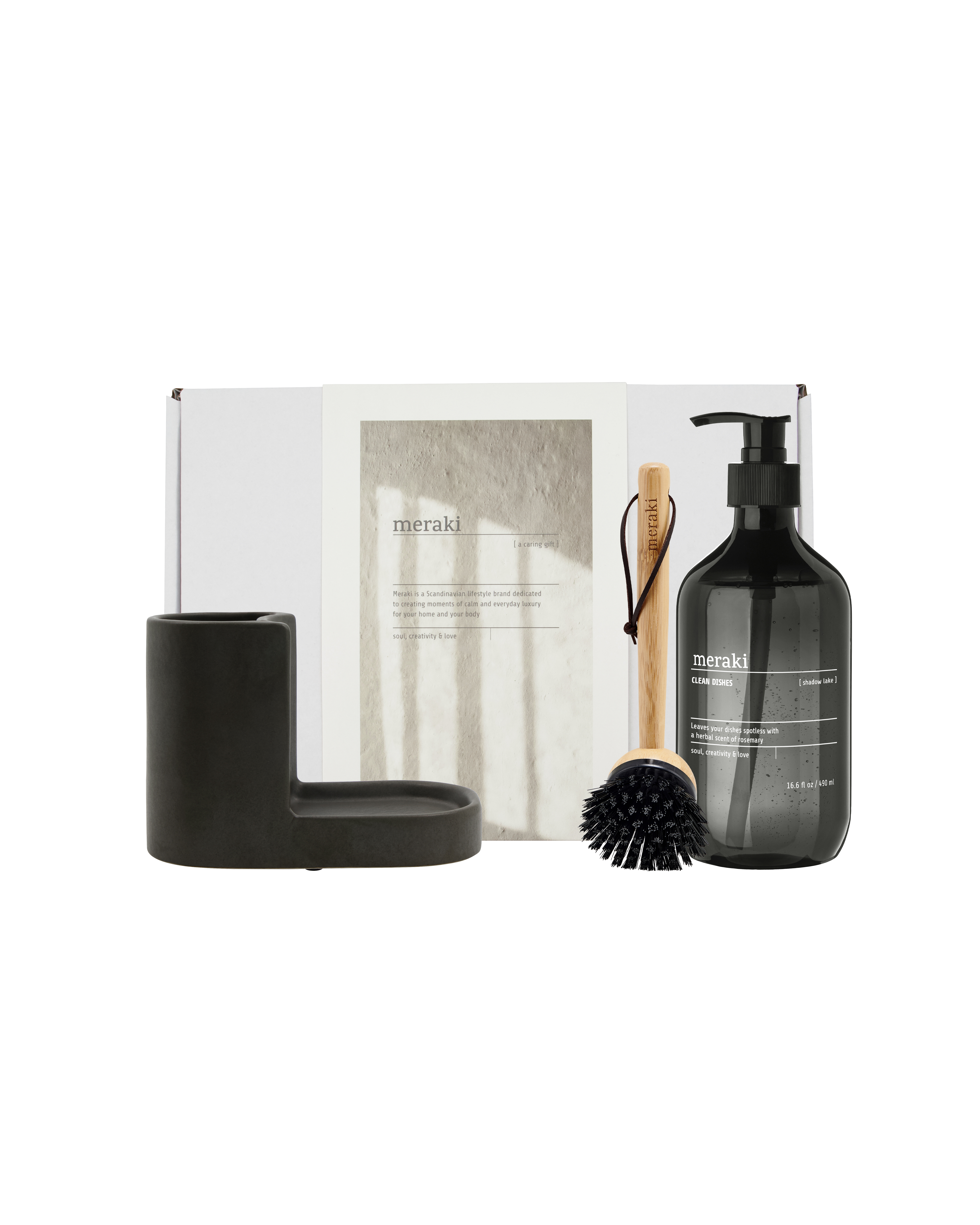 Meraki - Gift box, dark grey holder + nature brush + shadow lake dish wash, 490 ml