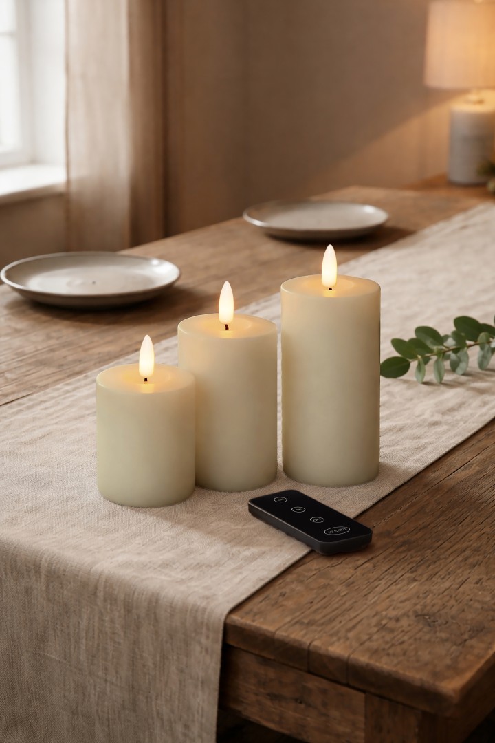 Skandi - 3 Pak LED Bloklys Ø5x10/12/15cm, Sand