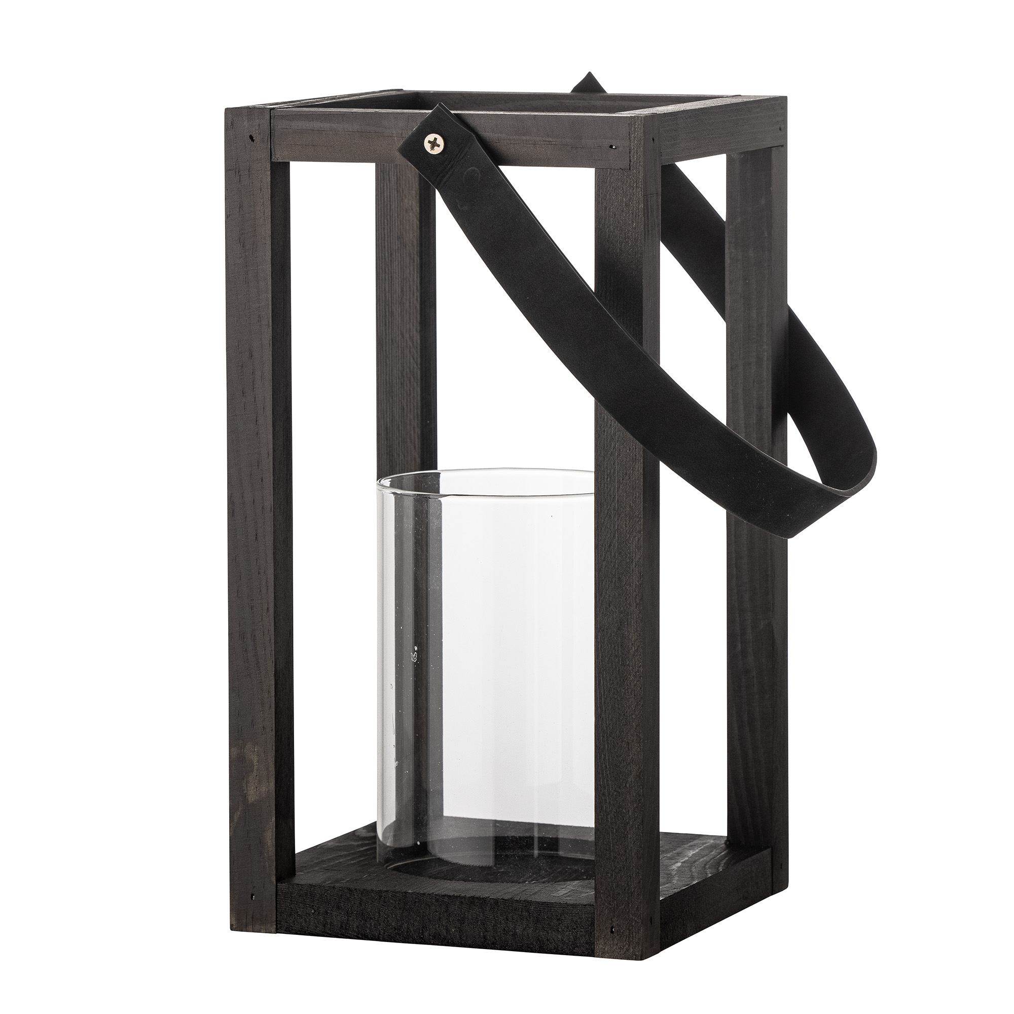 Lanterne Bloomingville Lyra lygtekasse i sort fyrretræ med glas og rem 30Ã16 cm