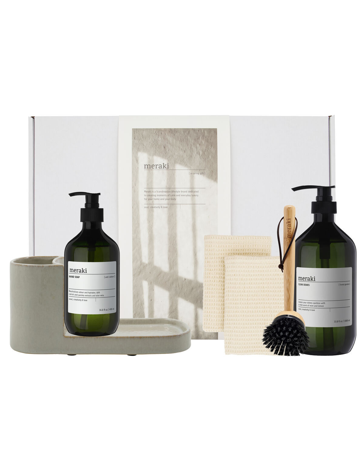 Meraki - Gift box, Grey Holder + Nature Brush + Anti-Odour Hand Soap, Forest Garden Dish Wash, 490|1000 ml|ml billede