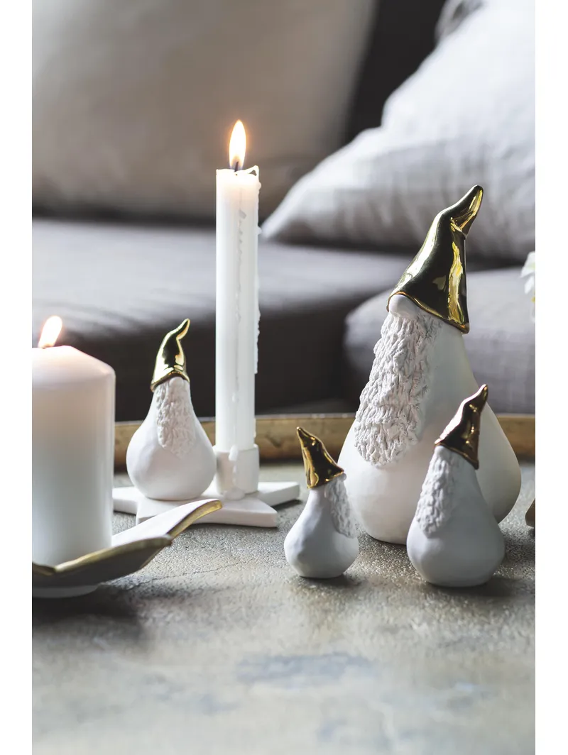 Santa Ture Lysestage, H.13 cm, hvid, guld