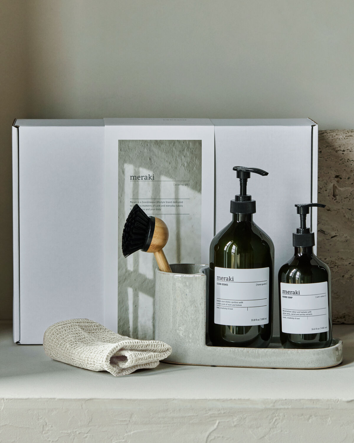 Gift box, Grey Holder + Nature Brush + Anti-Odour Hand Soap, Forest Garden Dish Wash, 490|1000 ml|ml